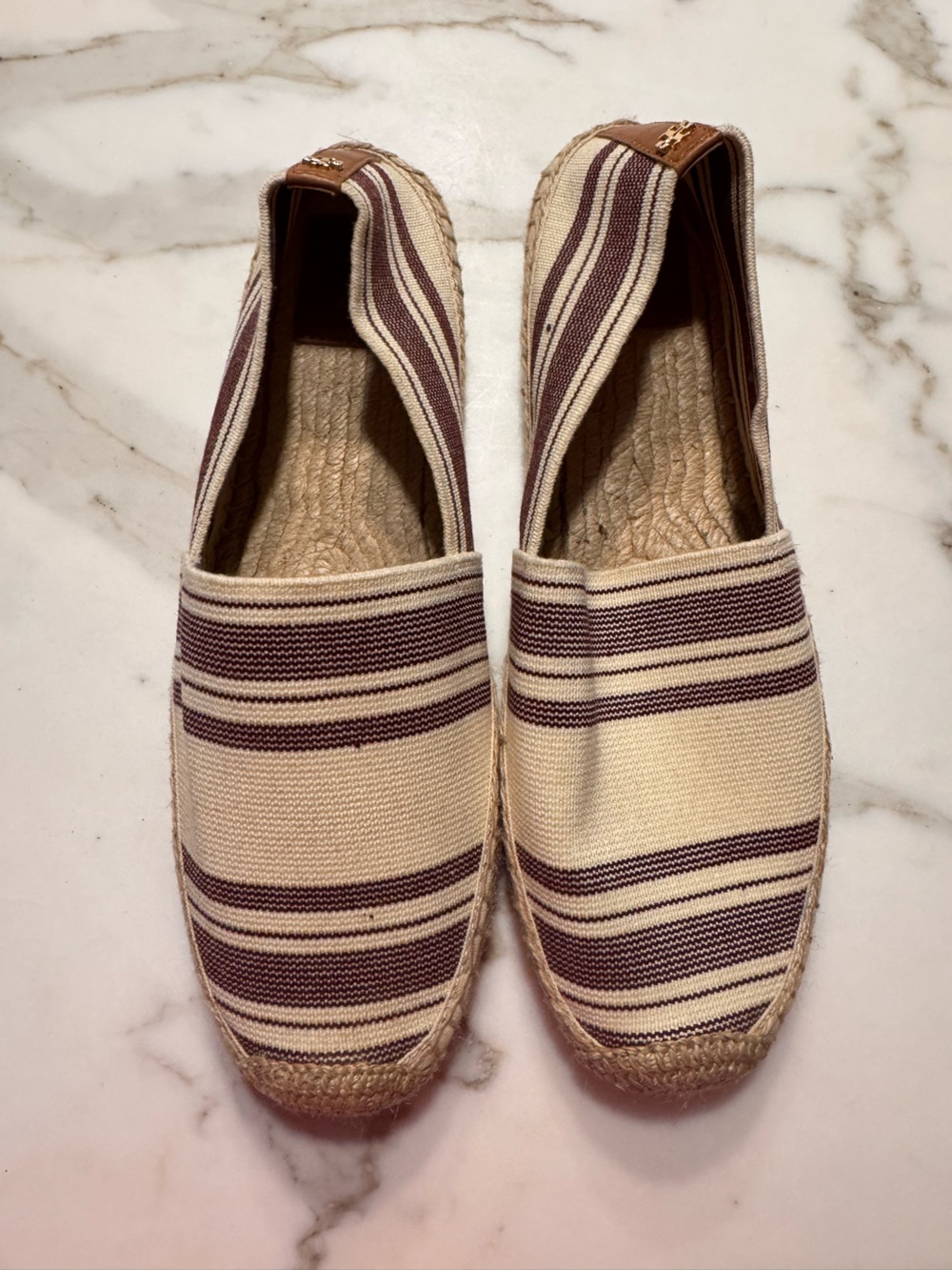 Tory Burch Cream and Brown Striped Canvas Espadrilles